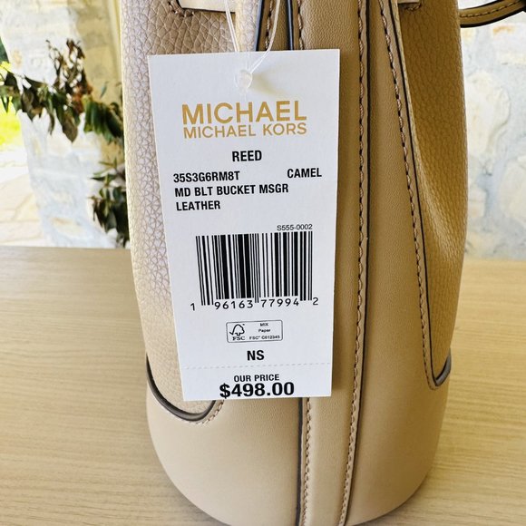 Michael Kors Reed Medium Bucket Messenger Bag/ LG Snap Wallet Leather Camel NWT - Picture 8 of 13